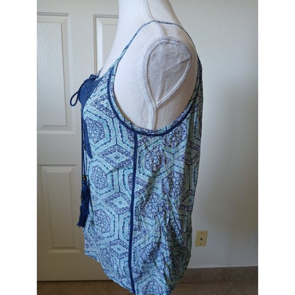 Solitaire Womens Blouse Top Navy & Green Crochet Sleeveless Tank w/ Tassels Boho - Picture 3 of 9